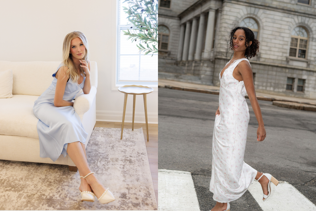 models wearing a baby blue slip dress with lace details and a floral slip dress with lace details
