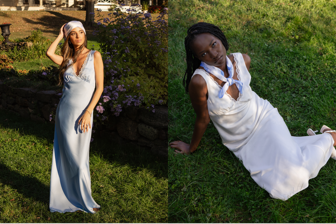 models wearing a bridal silk scarf styled around the neck with a white slip dress and worn as a headscarf styled with a baby blue slip dress