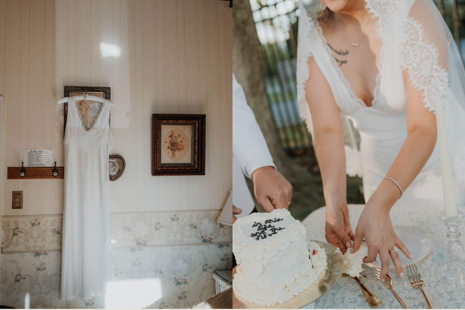 Bride wearing a white slip dress with lace details cutting into a wedding cake