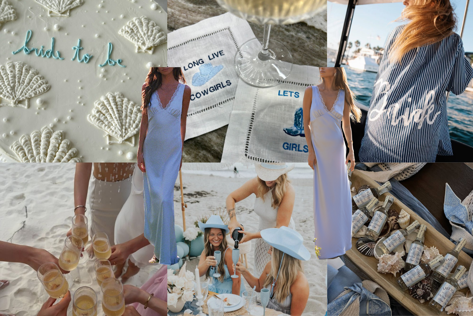 A collage of something blue inspired photos for a bachelorette party