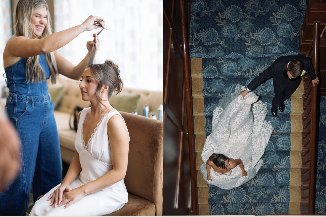Wedding photos of a bride getting ready in a white slip dress and a bride and groom walking down the stairs