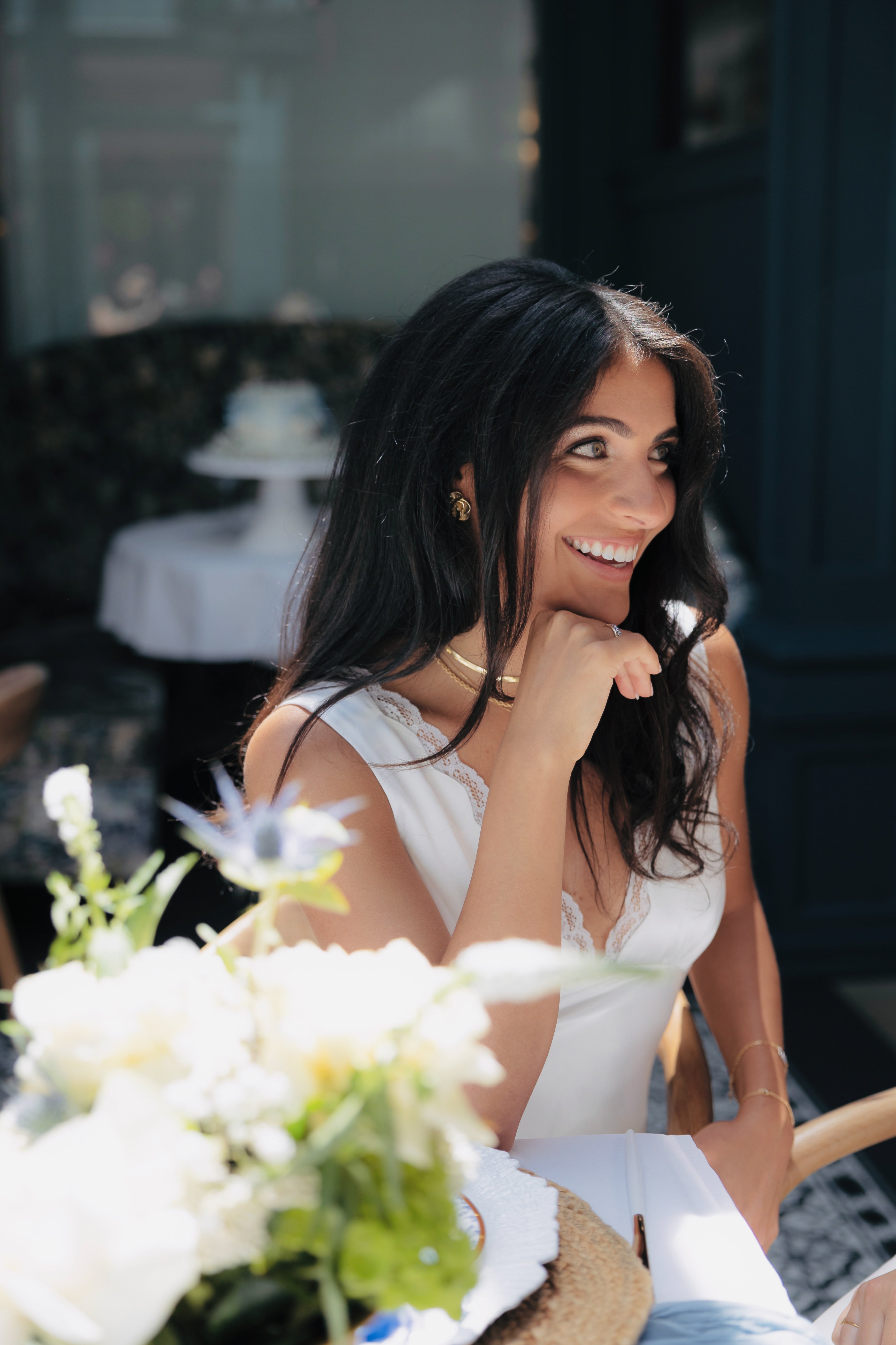 White dress for bridal shower, bridal shower outfit