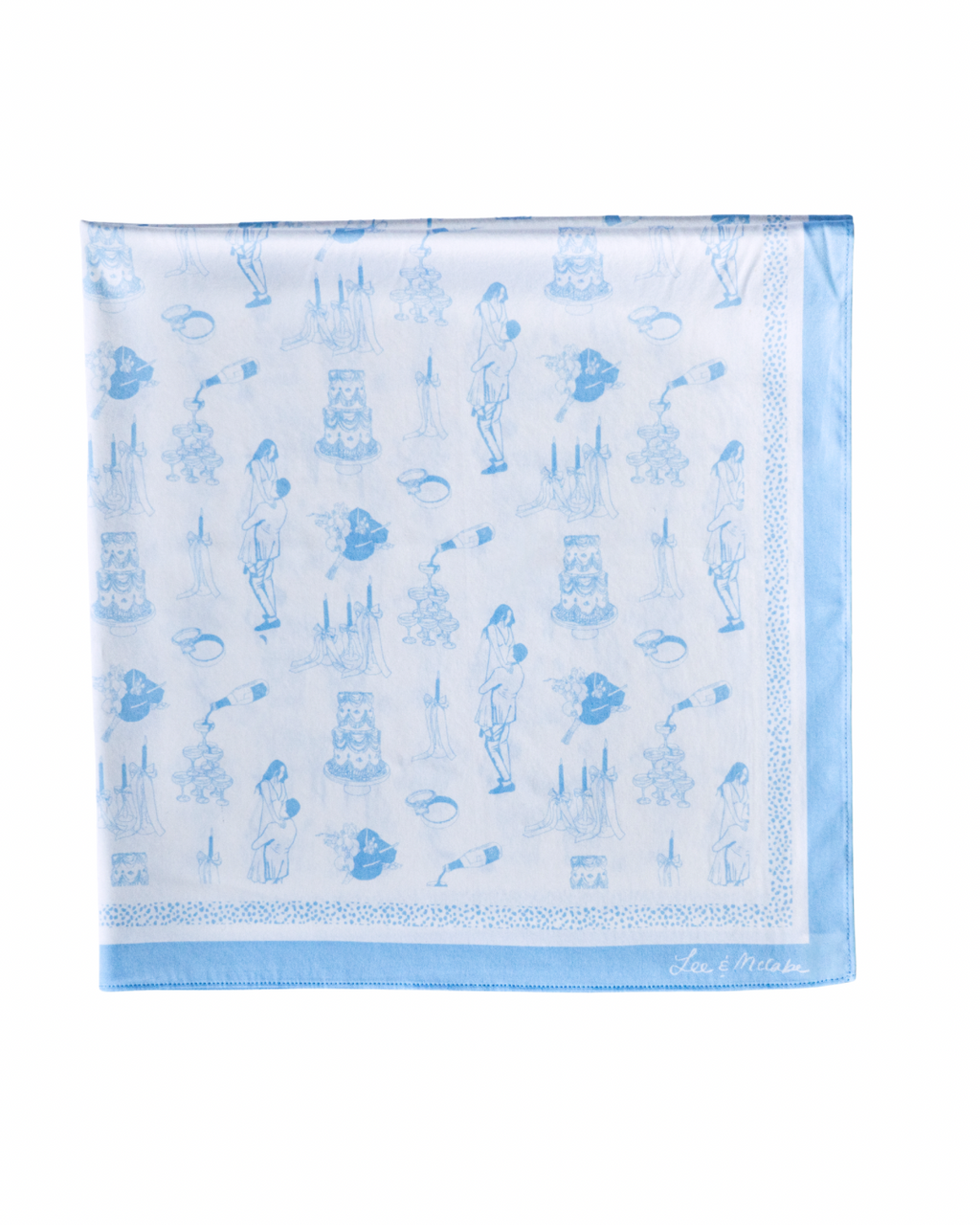 Light blue silk scarf with decorative bridal patterns on a white background