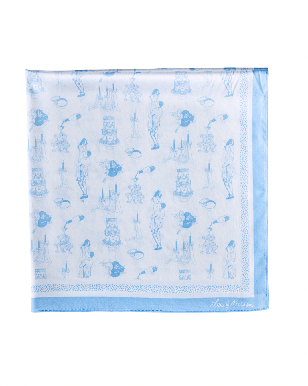 Light blue silk scarf with decorative bridal patterns on a white background